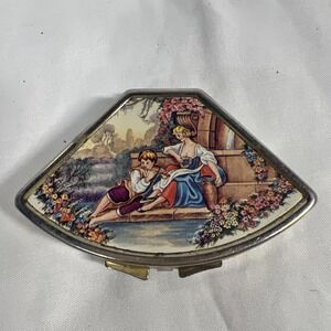 VTG Fragonard Style Courting Couple Fan Shaped Metal Pill Box Mirror Case
